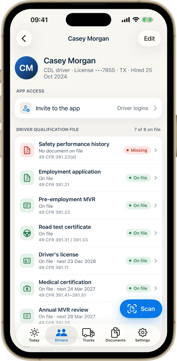 A driver qualification file with 7 of 8 records on file and the safety performance history marked missing. Sample fleet data.